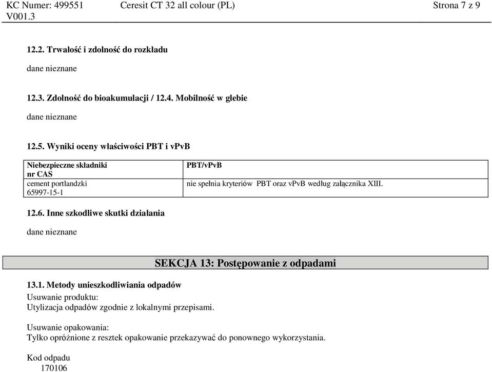 12.6. Inne szkodliwe skutki działania dane nieznane 13.1. Metody unieszkodliwiania odpadów Usuwanie produktu: Utylizacja odpadów zgodnie z lokalnymi przepisami.