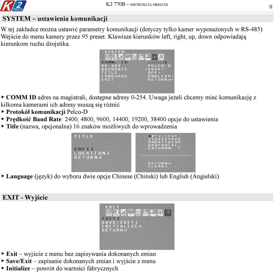 Uwaga jeżeli chcemy mieć komunikację z kilkoma kamerami ich adresy muszą się różnić Protokół komunikacji Pelco-D Prędkość Baud Rate: 2400, 4800, 9600, 14400, 19200, 38400 opcje do ustawienia Title