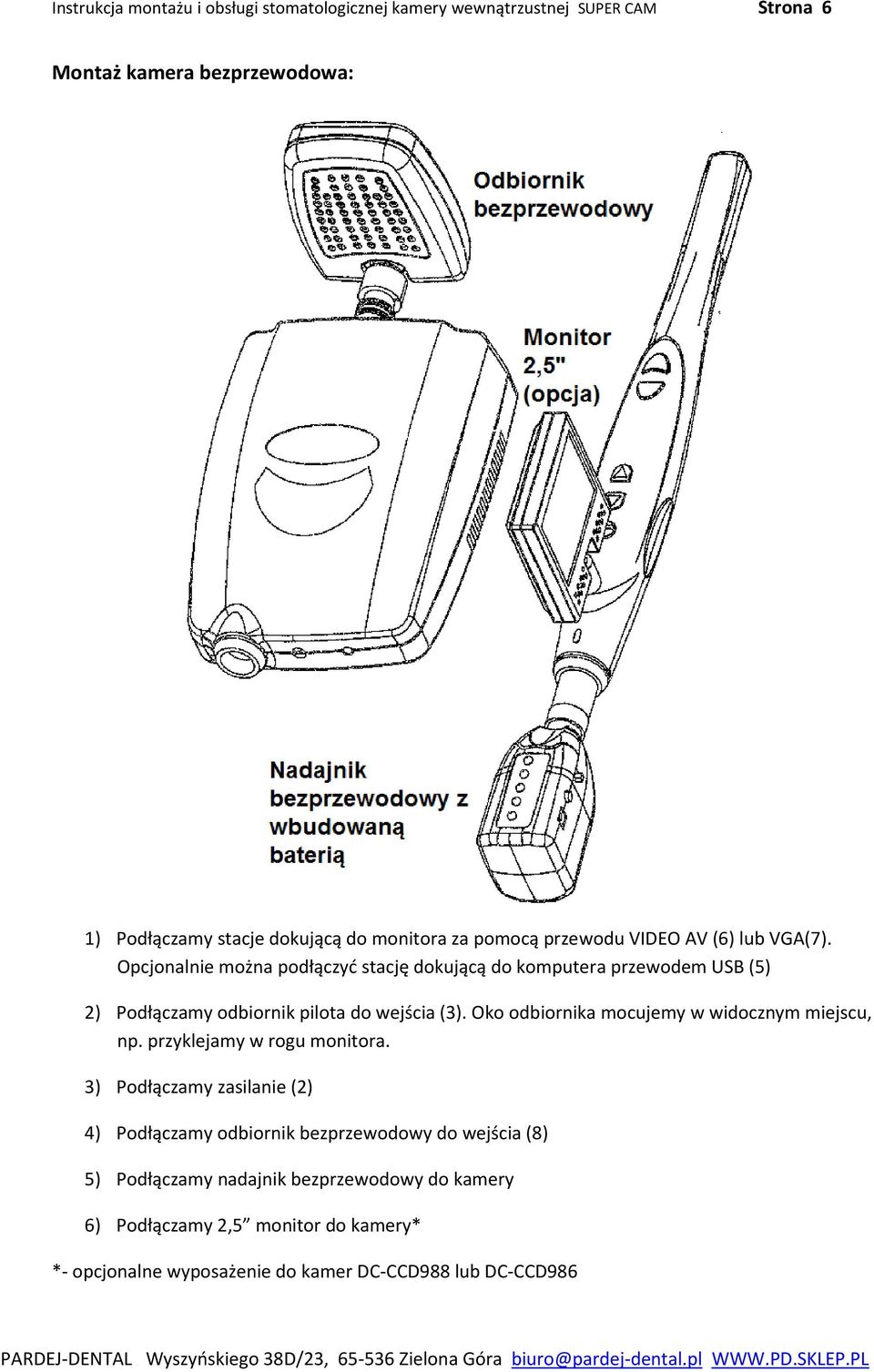 Opcjonalnie można podłączyć stację dokującą do komputera przewodem USB (5) 2) Podłączamy odbiornik pilota do wejścia (3).