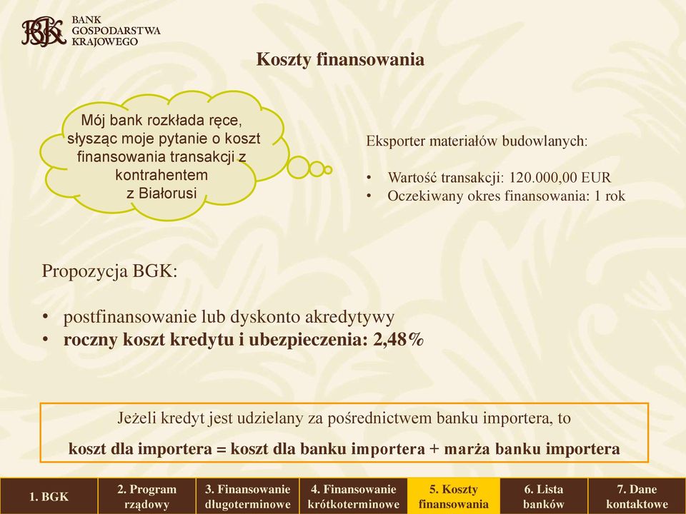 000,00 EUR Oczekiwany okres : 1 rok Propozycja BGK: postfinansowanie lub dyskonto akredytywy roczny koszt