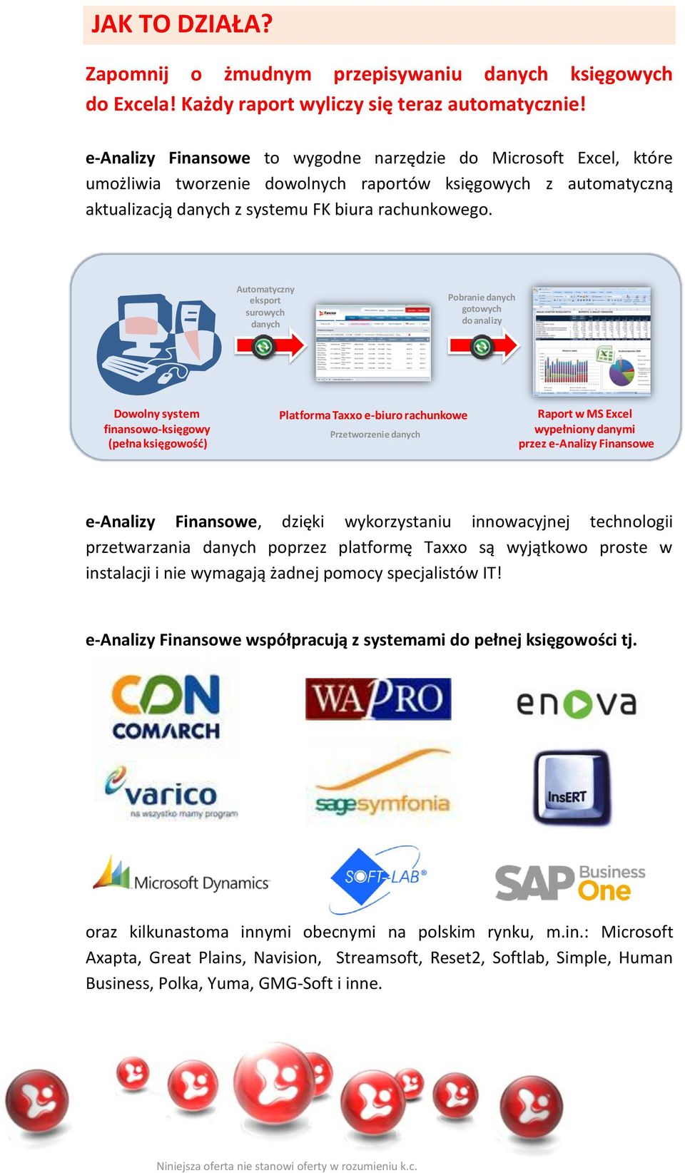 Automatyczny eksport surowych danych Pobranie danych gotowych do analizy Dowolny system finansowo-księgowy (pełna księgowość) Platforma Taxxo e-biuro rachunkowe Przetworzenie danych Raport w MS Excel