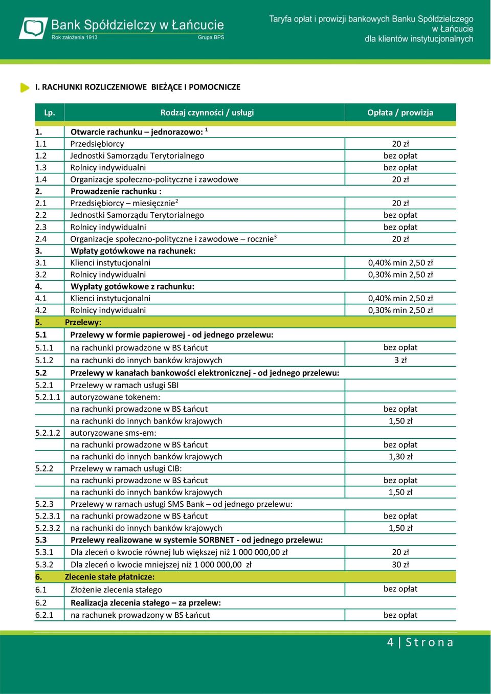 4 Organizacje społeczno-polityczne i zawodowe rocznie 3 20 zł 3. Wpłaty gotówkowe na rachunek: 3.1 Klienci instytucjonalni 0,40% min 2,50 zł 3.2 Rolnicy indywidualni 0,30% min 2,50 zł 4.