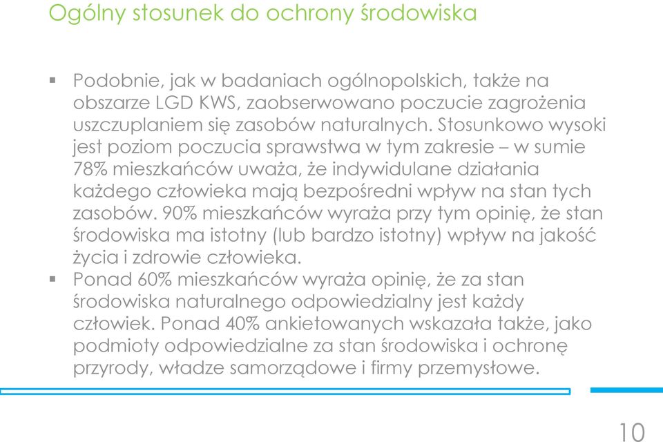 90% mieszkańców wyraża przy tym opinię, że stan środowiska ma istotny (lub bardzo istotny) wpływ na jakość życia i zdrowie człowieka.