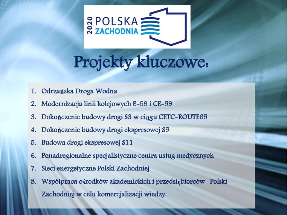 Budowa drogi ekspresowej S11 6. Ponadregionalne specjalistyczne centra usług medycznych 7.