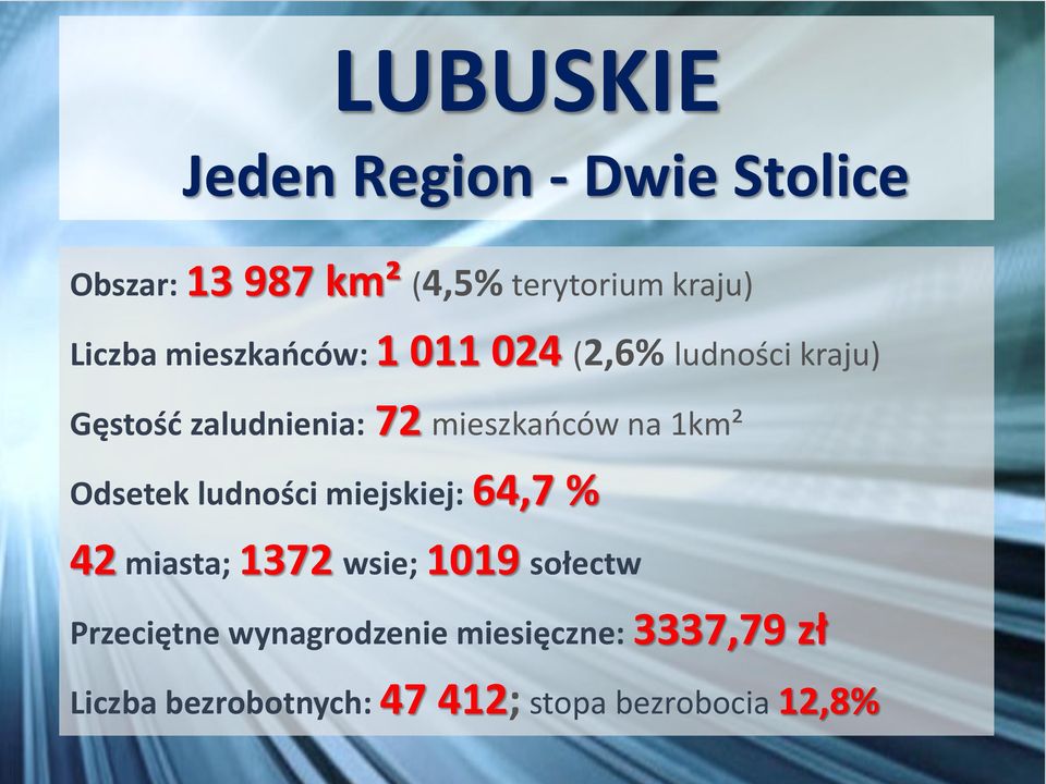 1km² Odsetek ludności miejskiej: 64,7 % 42 miasta; 1372 wsie; 1019 sołectw Przeciętne