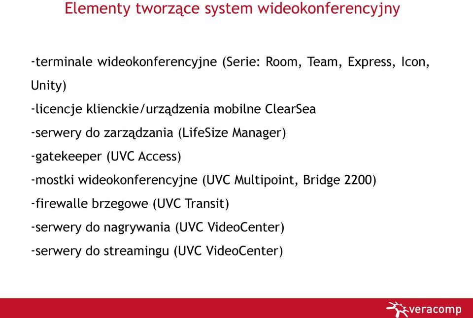 (LifeSize Manager) -gatekeeper (UVC Access) -mostki wideokonferencyjne (UVC Multipoint, Bridge 2200)