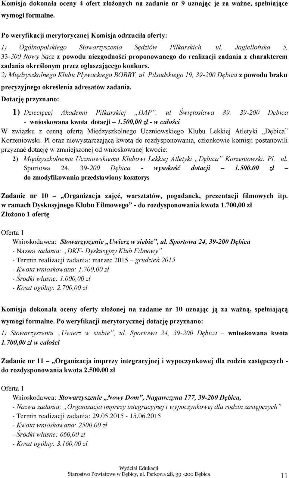 Jagiellońska 5, 33-300 Nowy Sącz z powodu niezgodności proponowanego do realizacji zadania z charakterem zadania określonym przez ogłaszającego konkurs. 2) Międzyszkolnego Klubu Pływackiego BOBRY, ul.