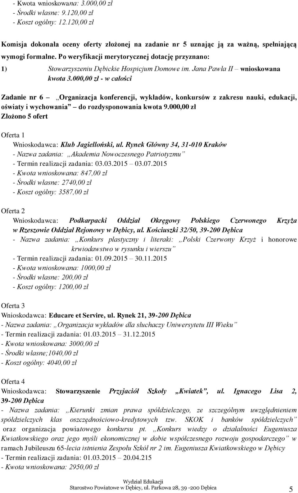 000,00 zł - w całości Zadanie nr 6 Organizacja konferencji, wykładów, konkursów z zakresu nauki, edukacji, oświaty i wychowania do rozdysponowania kwota 9.