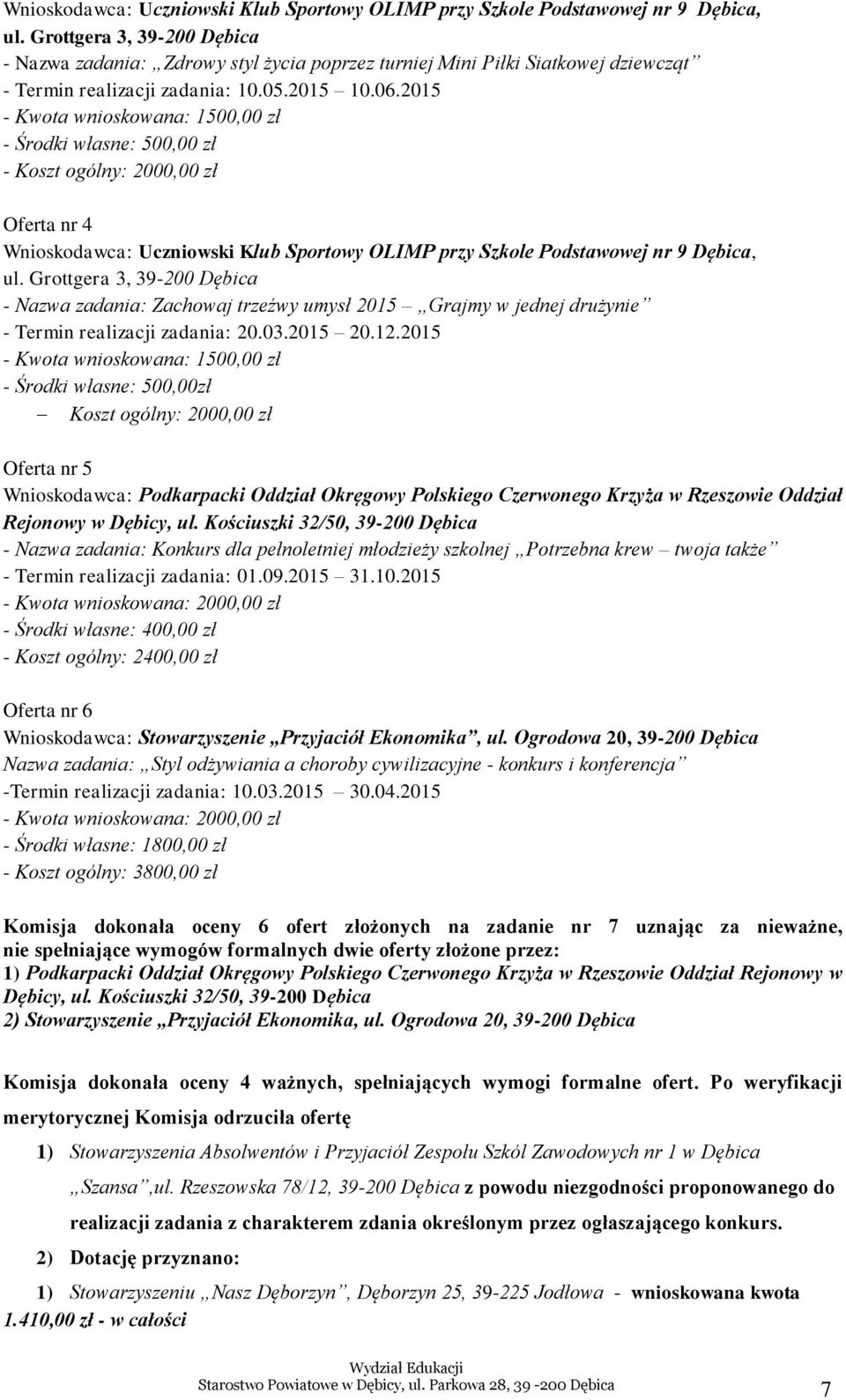 2015 - Kwota wnioskowana: 1500,00 zł - Środki własne: 500,00 zł - Koszt ogólny: 2000,00 zł Oferta nr 4  Grottgera 3, 39-200 Dębica - Nazwa zadania: Zachowaj trzeźwy umysł 2015 Grajmy w jednej