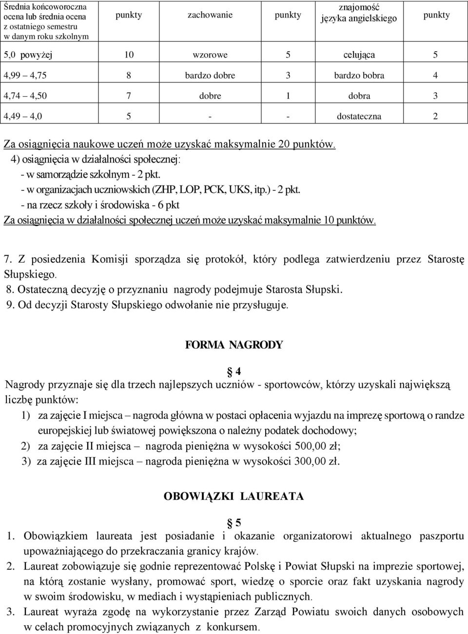 4) osiągnięcia w działalności społecznej: - w samorządzie szkolnym - 2 pkt. - w organizacjach uczniowskich (ZHP, LOP, PCK, UKS, itp.) - 2 pkt.