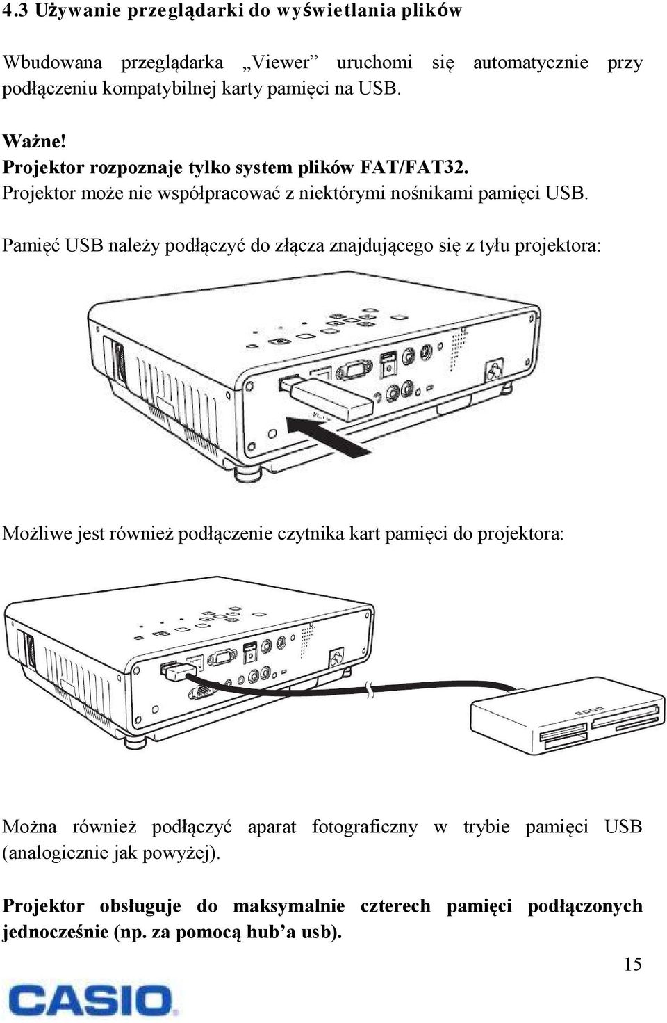 Pamięć USB należy podłączyć do złącza znajdującego się z tyłu projektora: Możliwe jest również podłączenie czytnika kart pamięci do projektora: Można również