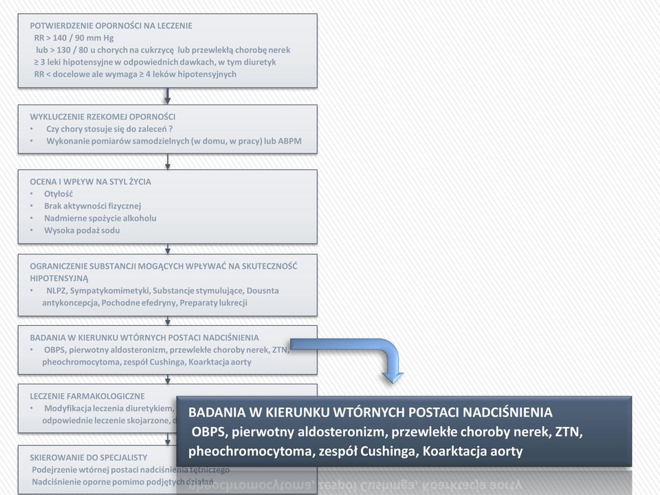 Wykonanie pomiarów samodzielnych (w domu, w pracy) lub ABPM OCENA I WPŁYW NA STYL ŻYCIA Otyłość Brak aktywności fizycznej Nadmierne spożycie alkoholu Wysoka podaż sodu OGRANICZENIE SUBSTANCJI