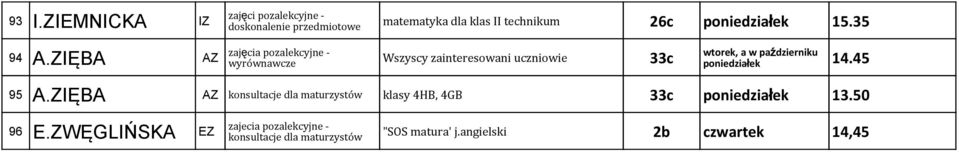 ZIĘBA AZ Wszyscy zainteresowani uczniowie 33c wtorek, a w październiku