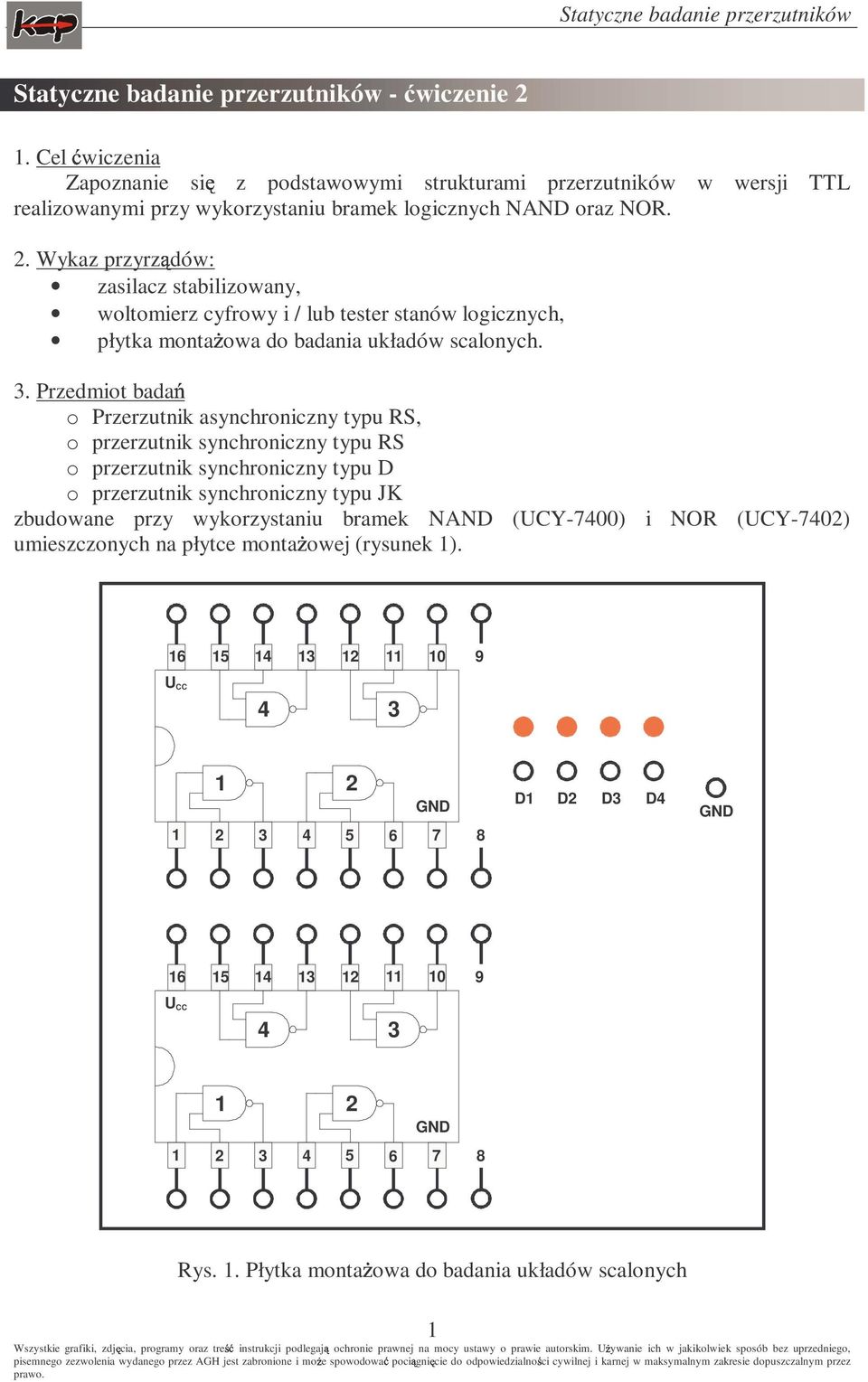 Wykaz przyrz dów: zasilacz stabilizowany, woltomierz cyfrowy i / lub tester stanów logicznych, płytka monta owa do badania układów scalonych. 3.