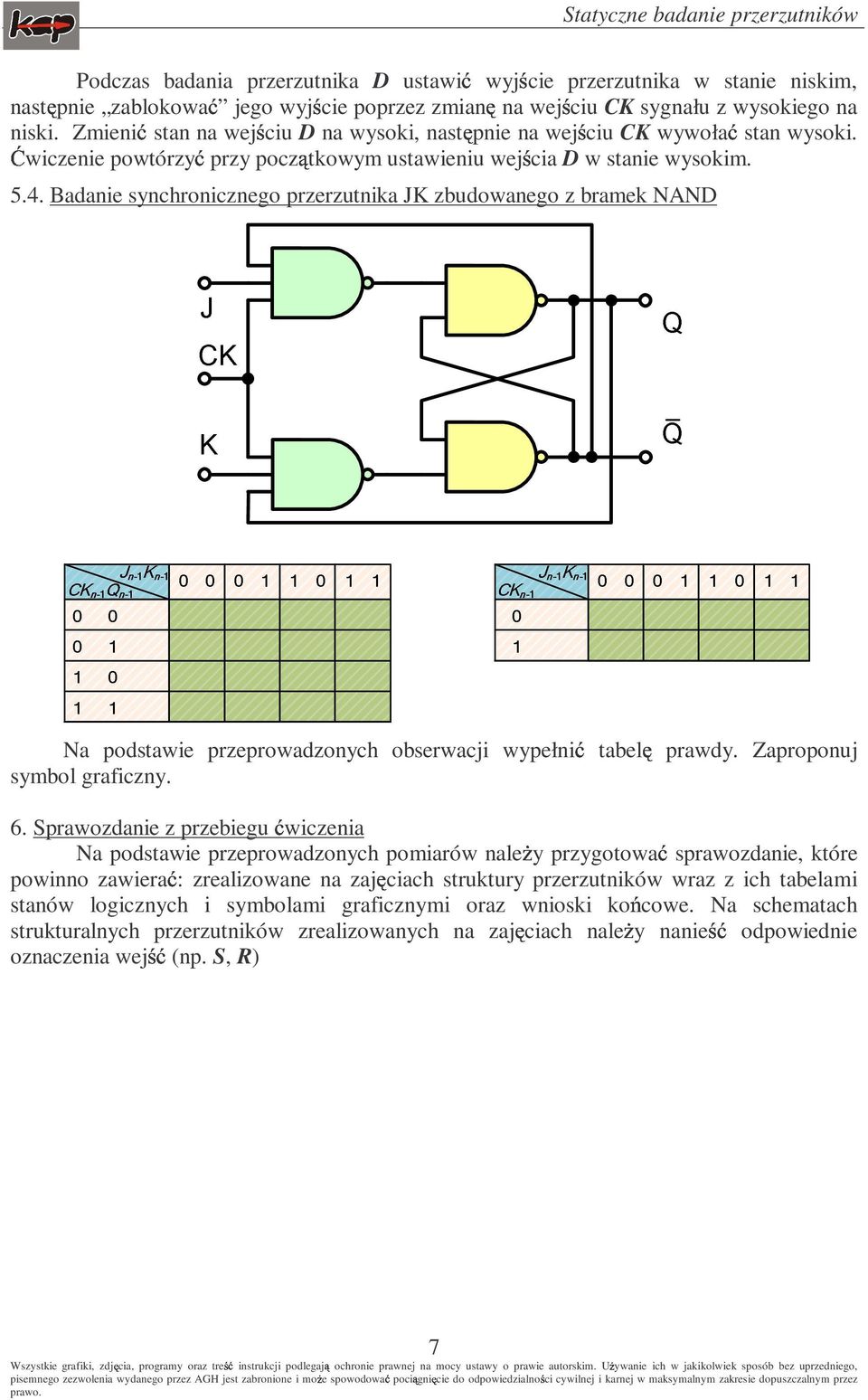 Badanie synchronicznego przerzutnika JK zbudowanego z bramek NAND Na podstawie przeprowadzonych obserwacji wypełni tabel prawdy. Zaproponuj symbol graficzny. 6.