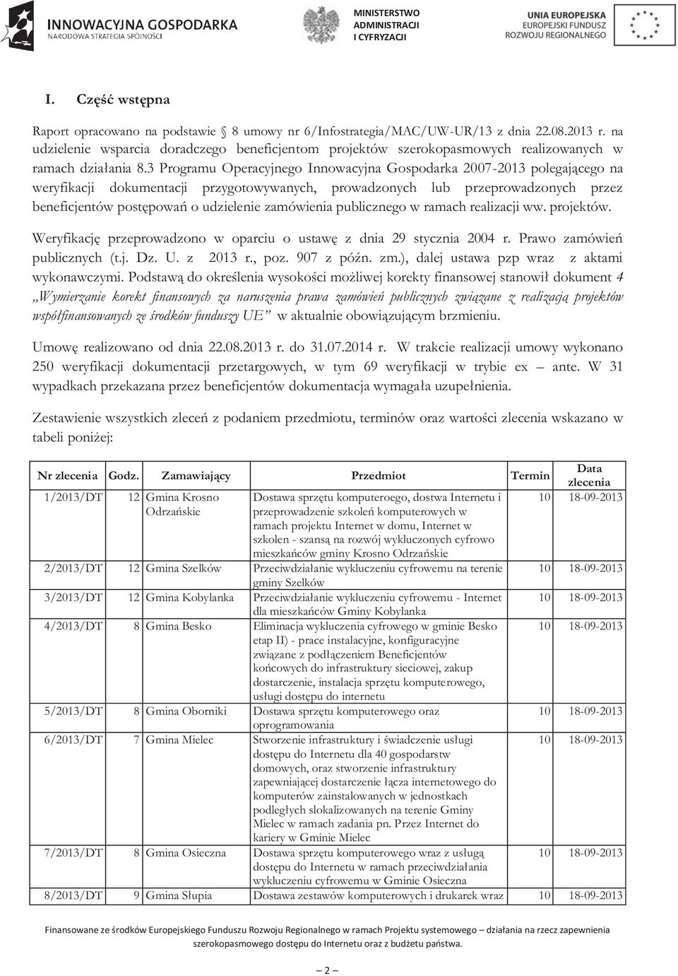 3 Programu Operacyjnego Innowacyjna Gospodarka 2007-2013 polegającego na weryfikacji dokumentacji przygotowywanych, prowadzonych lub przeprowadzonych przez beneficjentów postępowań o udzielenie