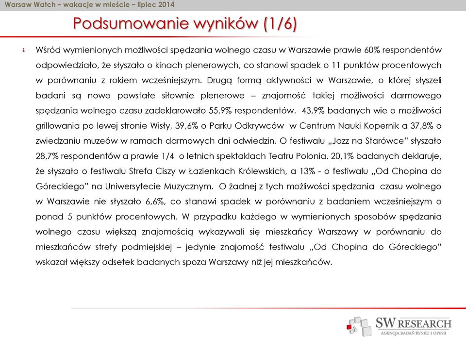 Drugą formą aktywności w Warszawie, o której słyszeli badani są nowo powstałe siłownie plenerowe znajomość takiej możliwości darmowego spędzania wolnego czasu zadeklarowało 55,9% respondentów.