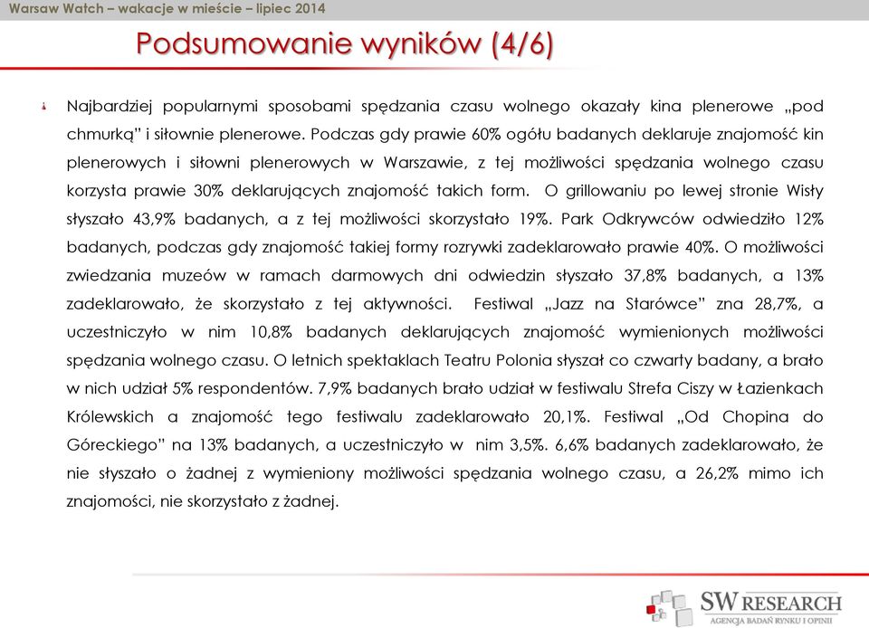 takich form. O grillowaniu po lewej stronie Wisły słyszało 43,9% badanych, a z tej możliwości skorzystało 19%.