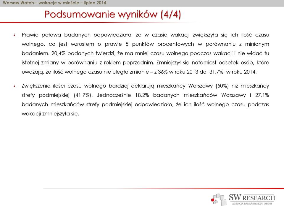 Zmniejszył się natomiast odsetek osób, które uważają, że ilość wolnego czasu nie uległa zmianie z 36% w roku 2013 do 31,7% w roku 2014.