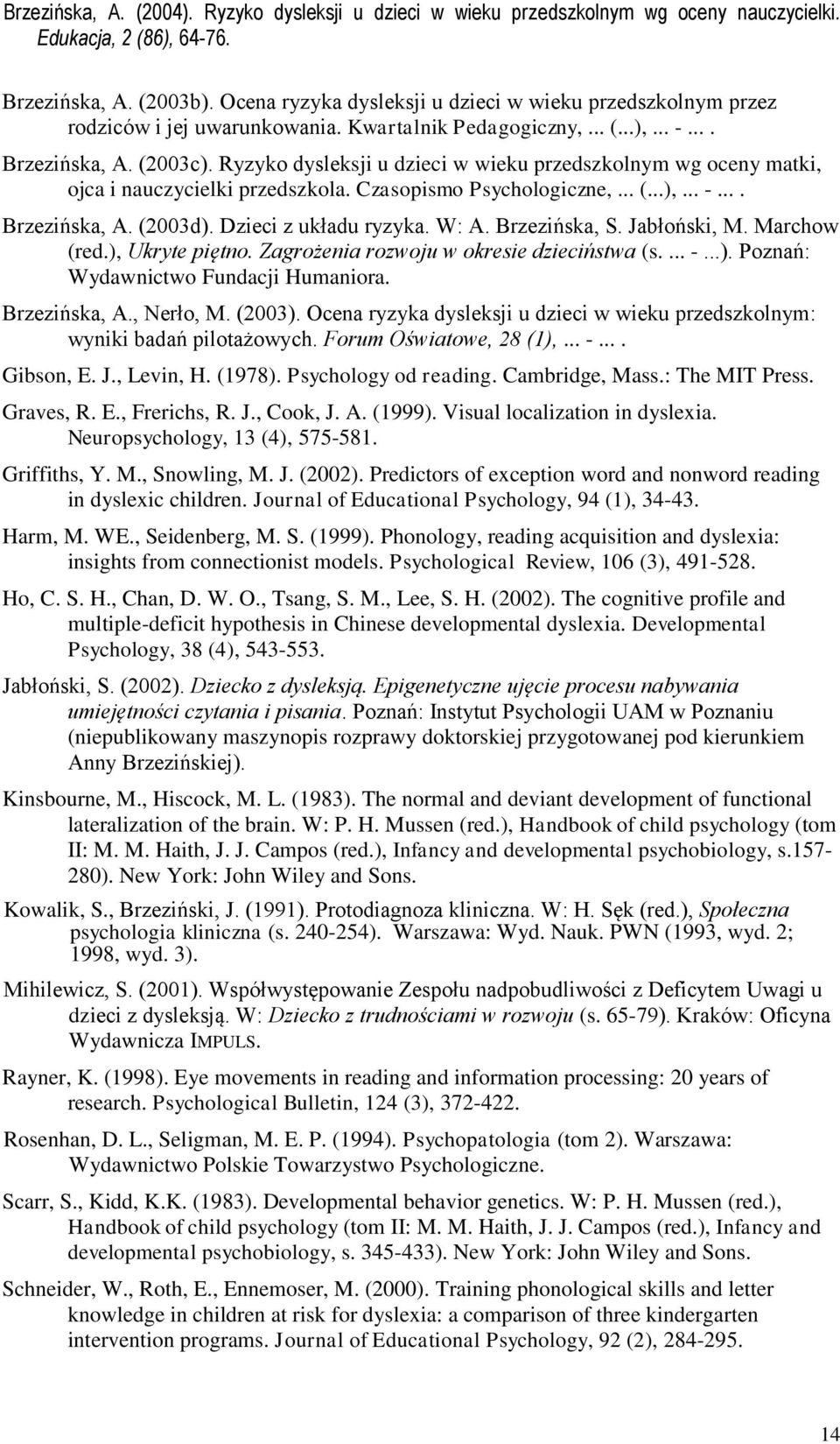 Brzezińska, S. Jabłoński, M. Marchow (red.), Ukryte piętno. Zagrożenia rozwoju w okresie dzieciństwa (s.... -...). Poznań: Wydawnictwo Fundacji Humaniora. Brzezińska, A., Nerło, M. (2003).