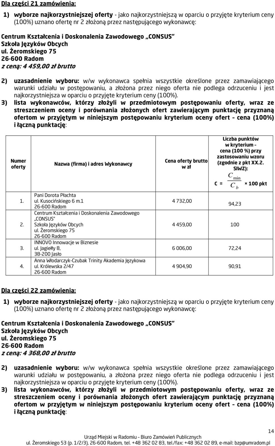 1 4 732,00 94,23 4 459,00 100 6 006,00 72,24 4 904,90 90,91 Dla części 22 zamówienia: z ceną: 4 368,00 zł brutto 3)