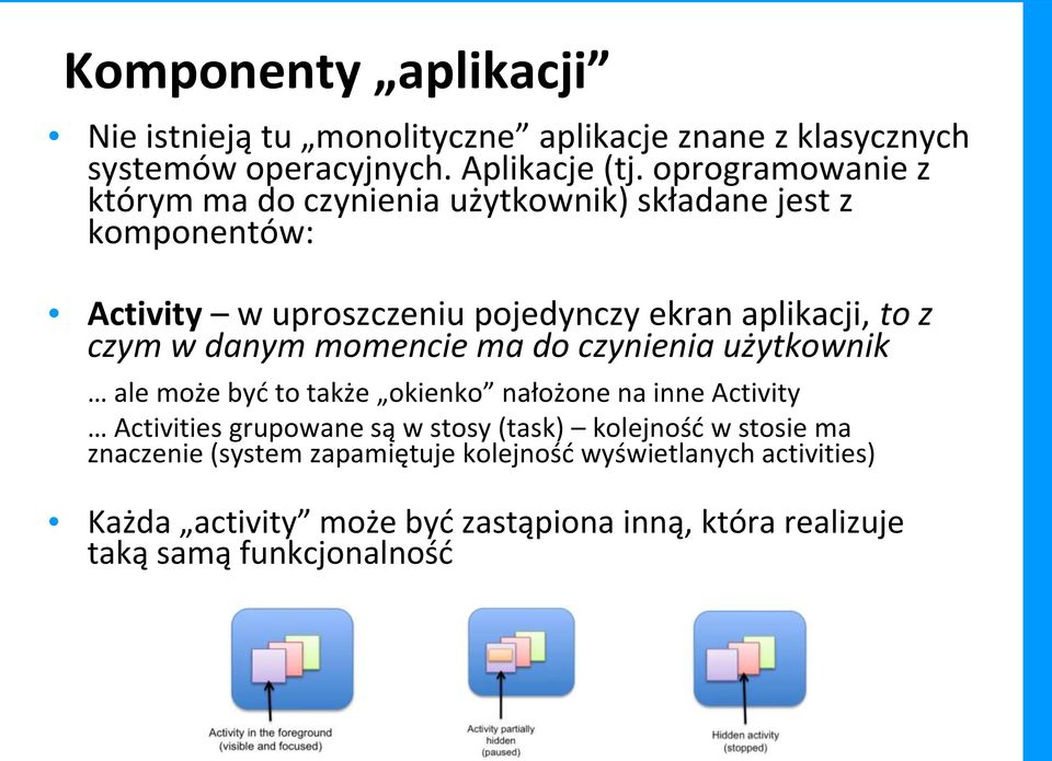 w danym momencie ma do czynienia użytkownik ale może być to także okienko nałożone na inne Activity Activities grupowane są w stosy (task)