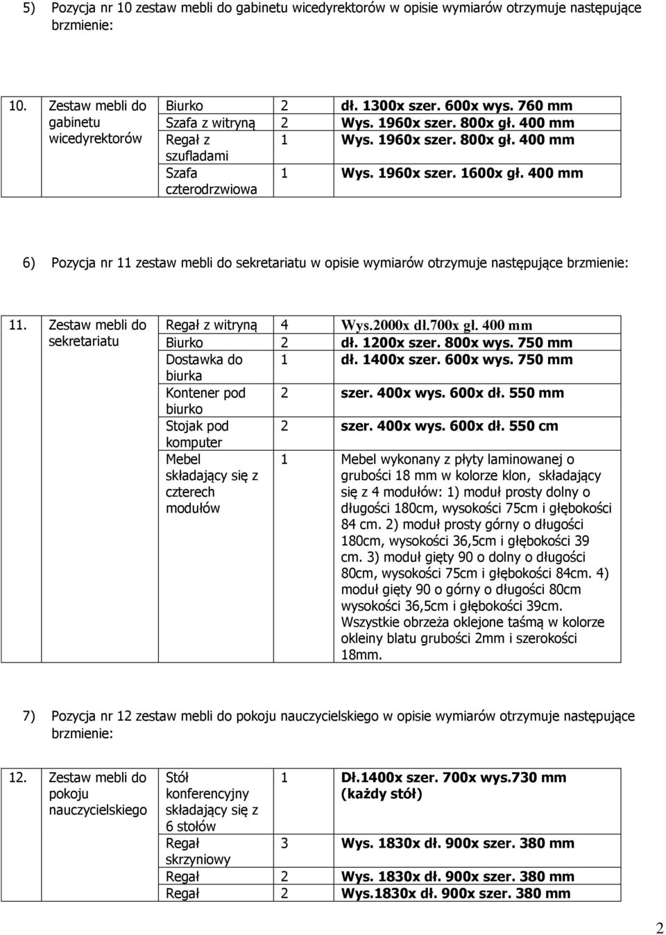 400 mm 6) Pozycja nr 11 zestaw mebli do sekretariatu w opisie wymiarów otrzymuje następujące 11. Zestaw mebli do sekretariatu Regał z witryną 4 Wys.2000x dł.700x gł. 400 mm Biurko 2 dł. 1200x szer.