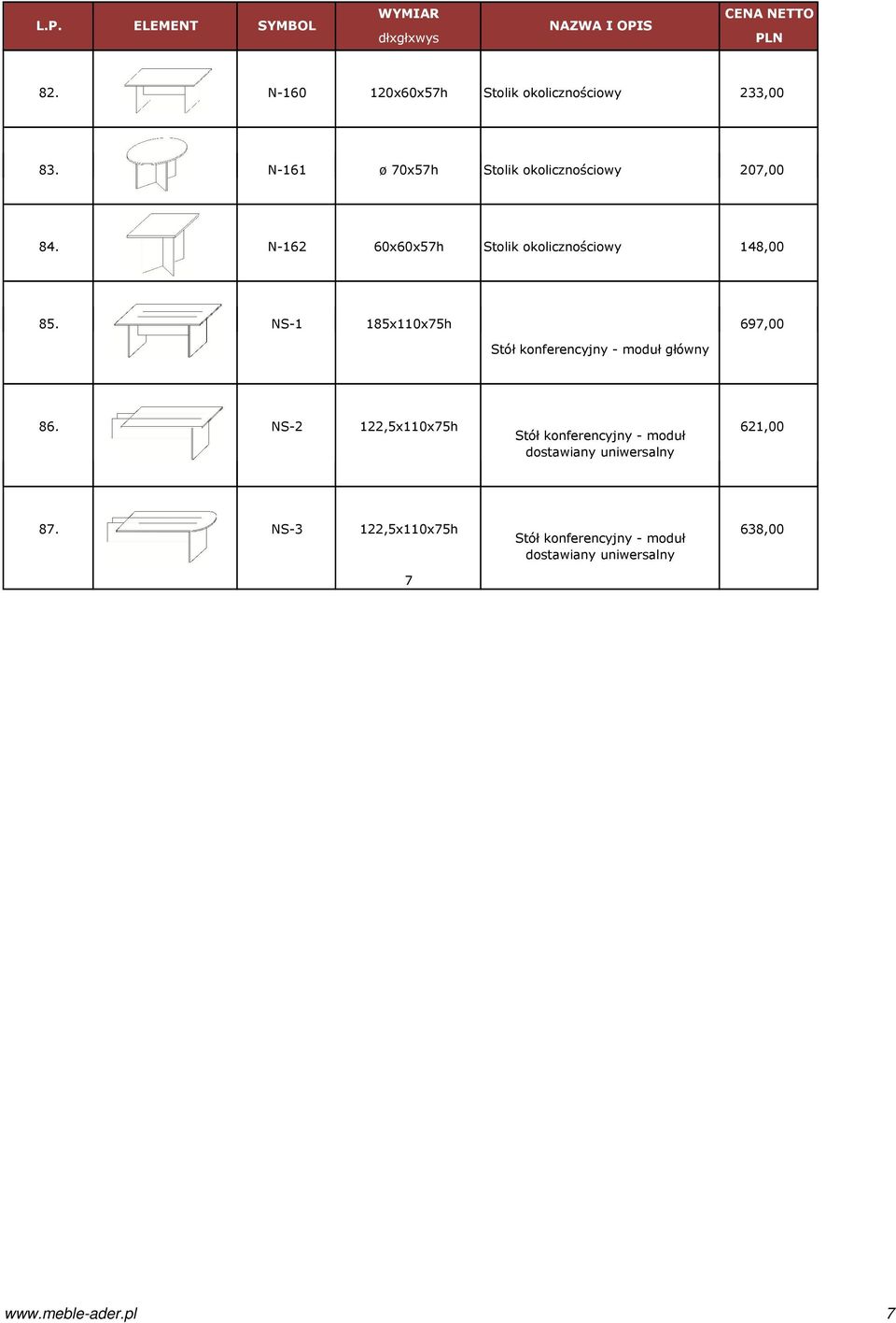 NS-1 185x110x75h 697,00 Stół konferencyjny - moduł główny 86.
