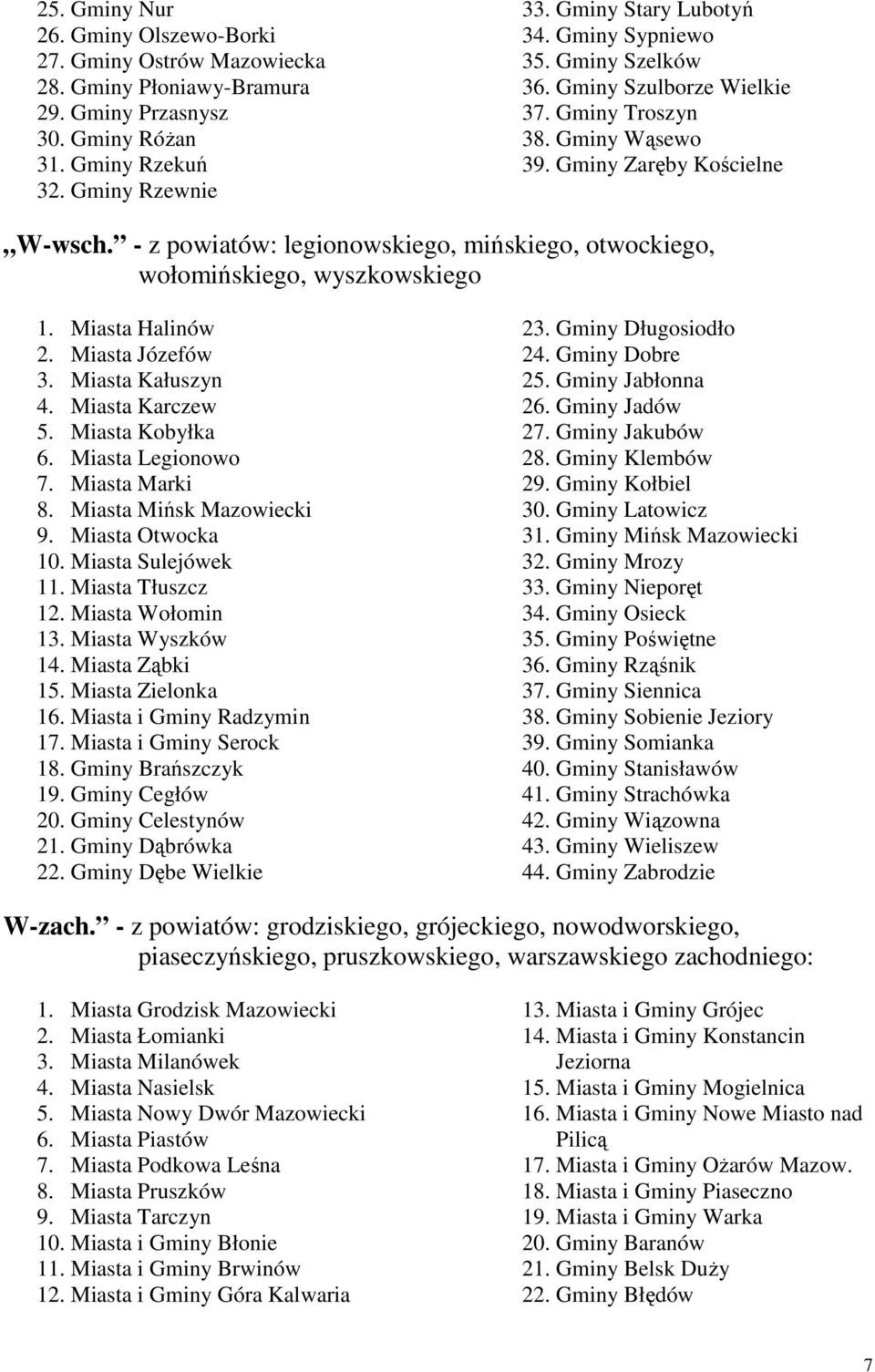 - z powiatów: legionowskiego, mińskiego, otwockiego, wołomińskiego, wyszkowskiego 1. Miasta Halinów 2. Miasta Józefów 3. Miasta Kałuszyn 4. Miasta Karczew 5. Miasta Kobyłka 6. Miasta Legionowo 7.