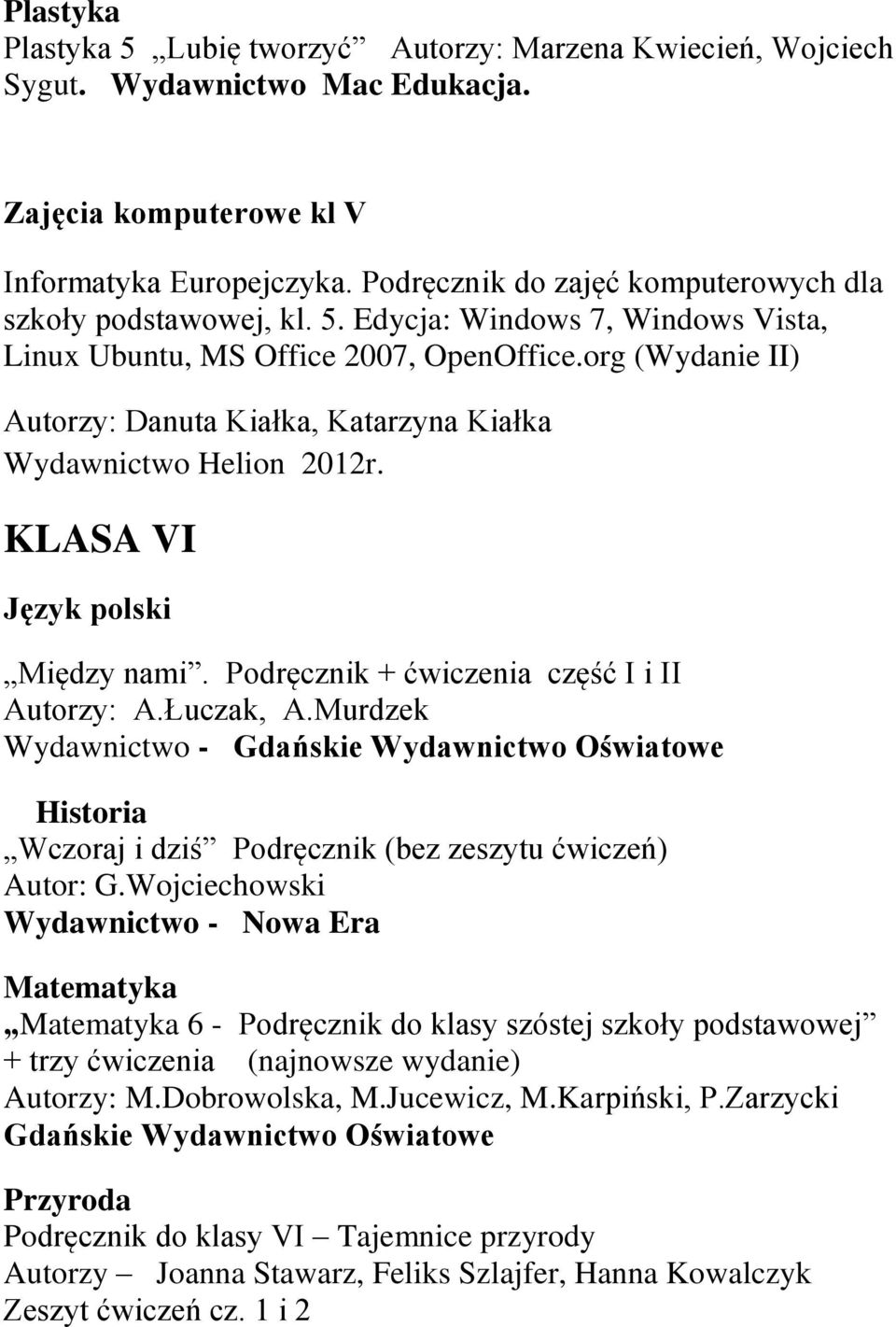 org (Wydanie II) Autorzy: Danuta Kiałka, Katarzyna Kiałka Wydawnictwo Helion 2012r. KLASA VI Język polski Między nami. Podręcznik + ćwiczenia część I i II Autorzy: A.Łuczak, A.