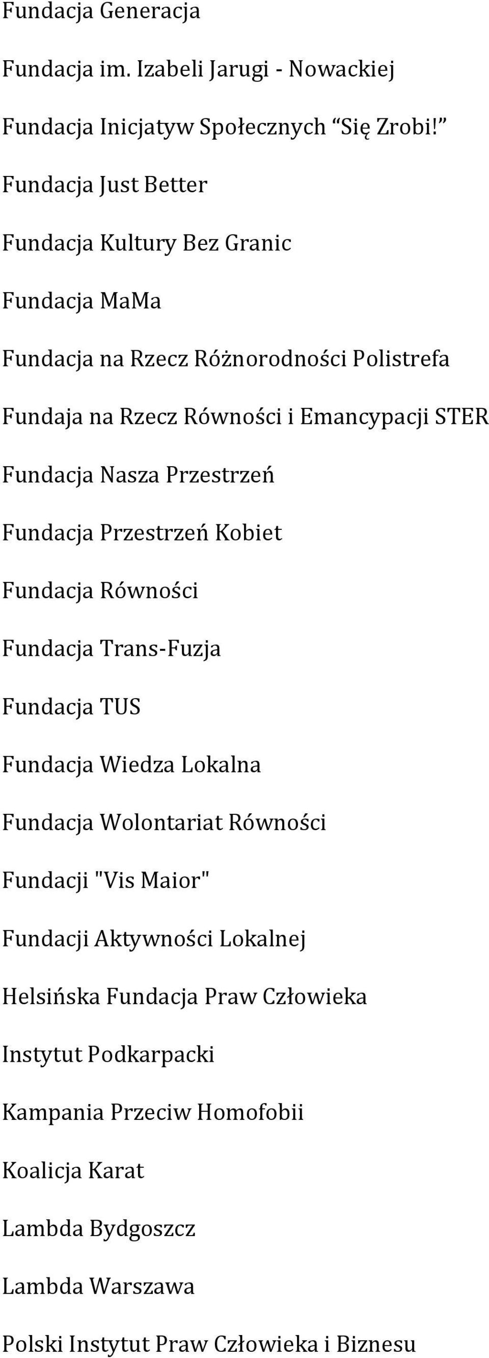 Fundacja Nasza Przestrzeń Fundacja Przestrzeń Kobiet Fundacja Równości Fundacja Trans-Fuzja Fundacja TUS Fundacja Wiedza Lokalna Fundacja Wolontariat