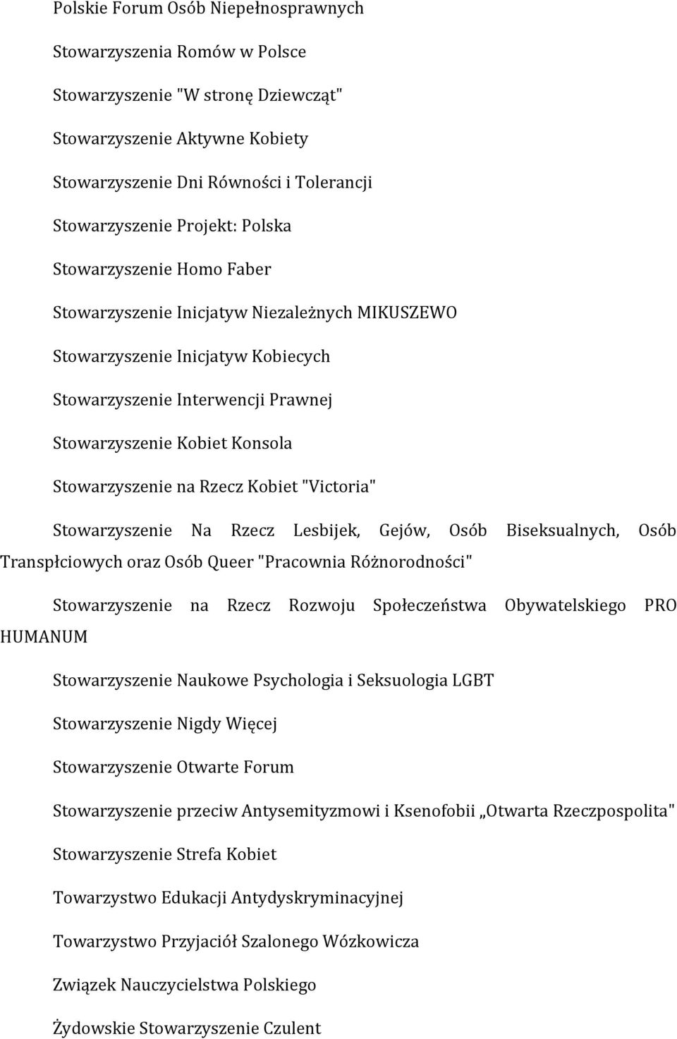 Rzecz Kobiet "Victoria" Stowarzyszenie Na Rzecz Lesbijek, Gejów, Osób Biseksualnych, Osób Transpłciowych oraz Osób Queer "Pracownia Różnorodności" Stowarzyszenie na Rzecz Rozwoju Społeczeństwa
