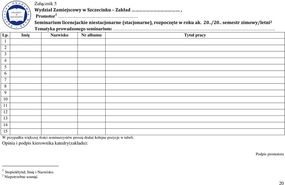. semestr zimowy/letni 2 Tematyka prowadzonego seminarium:. Lp.