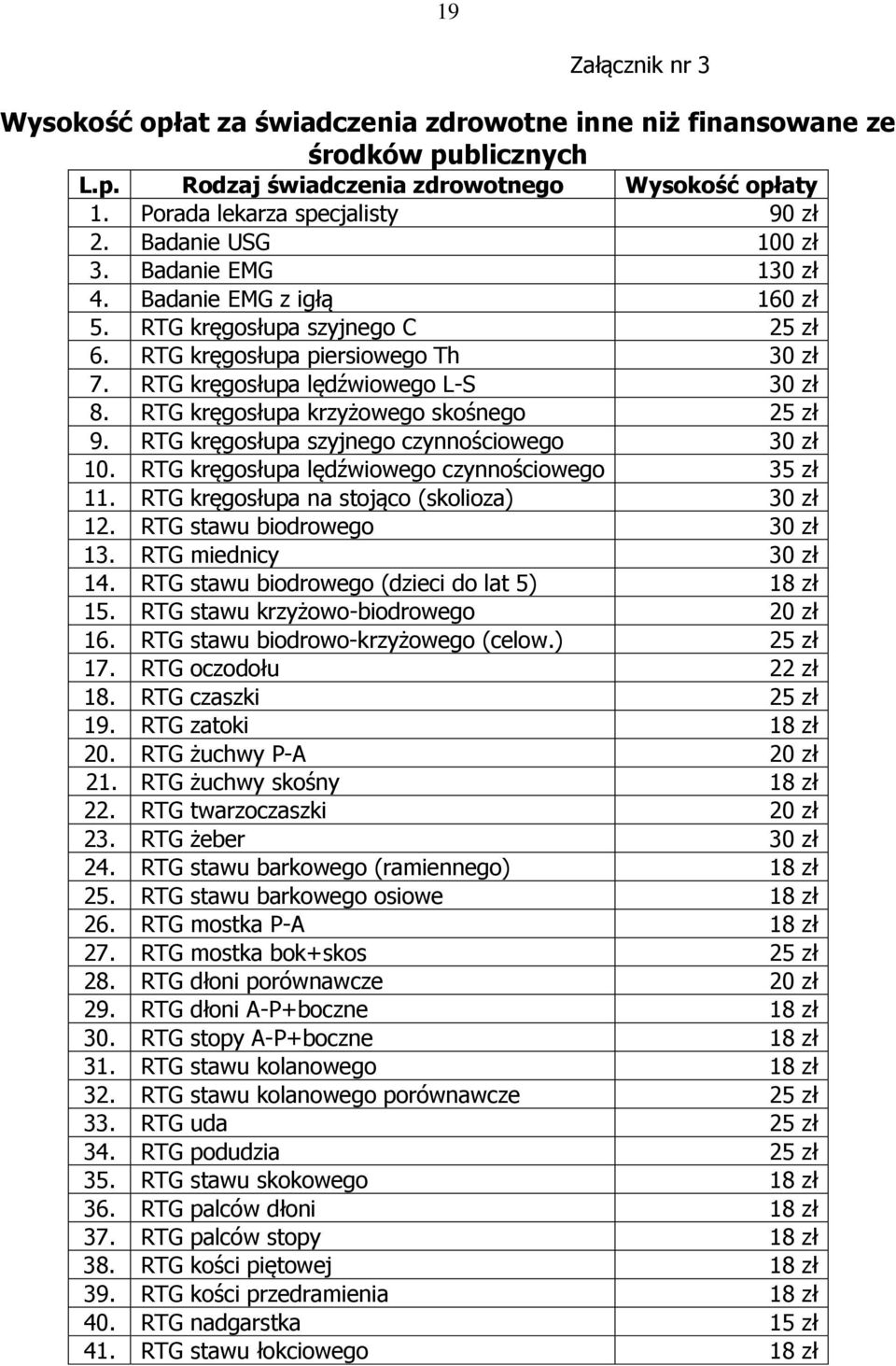 RTG kręgosłupa krzyżowego skośnego 25 zł 9. RTG kręgosłupa szyjnego czynnościowego 30 zł 10. RTG kręgosłupa lędźwiowego czynnościowego 35 zł 11. RTG kręgosłupa na stojąco (skolioza) 30 zł 12.