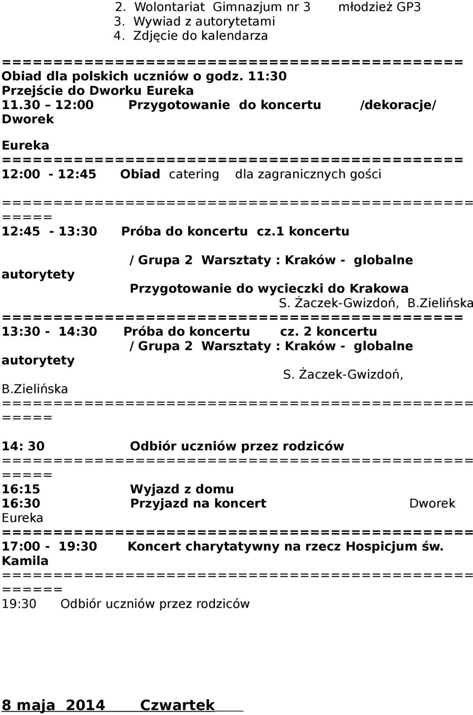 1 koncertu / Grupa 2 Warsztaty : Kraków - globalne autorytety Przygotowanie do wycieczki do Krakowa S. Żaczek-Gwizdoń, B.Zielińska 13:30-14:30 Próba do koncertu cz.