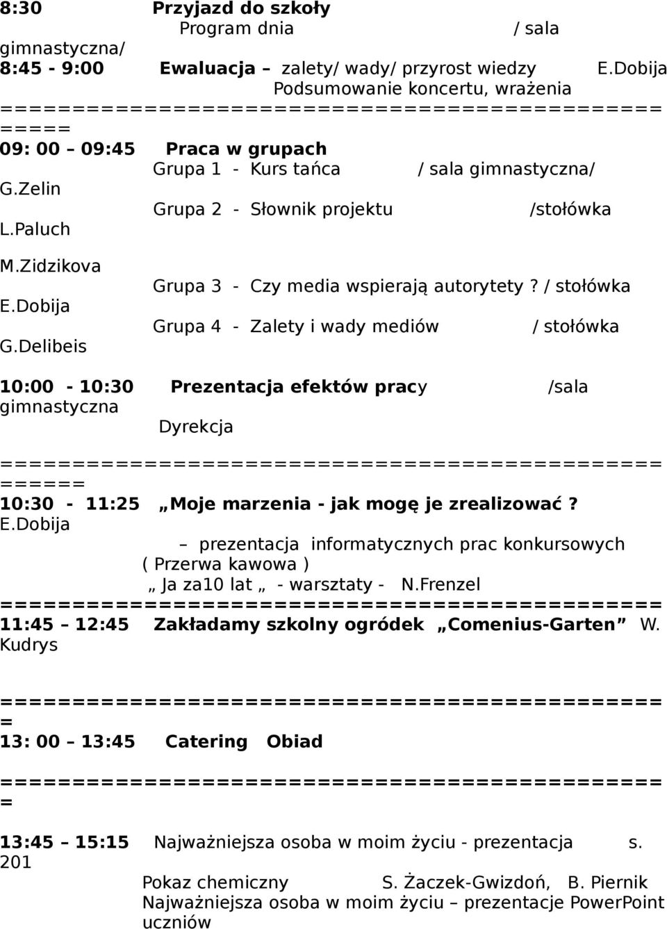 / stołówka Grupa 4 - Zalety i wady mediów / stołówka 10:00-10:30 Prezentacja efektów pracy /sala gimnastyczna Dyrekcja 10:30-11:25 Moje marzenia - jak mogę je zrealizować?