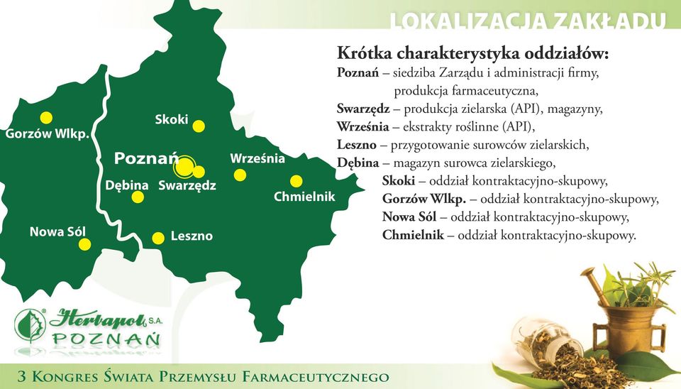 administracji firmy, produkcja farmaceutyczna, Swarzędz produkcja zielarska (API), magazyny, Września ekstrakty roślinne