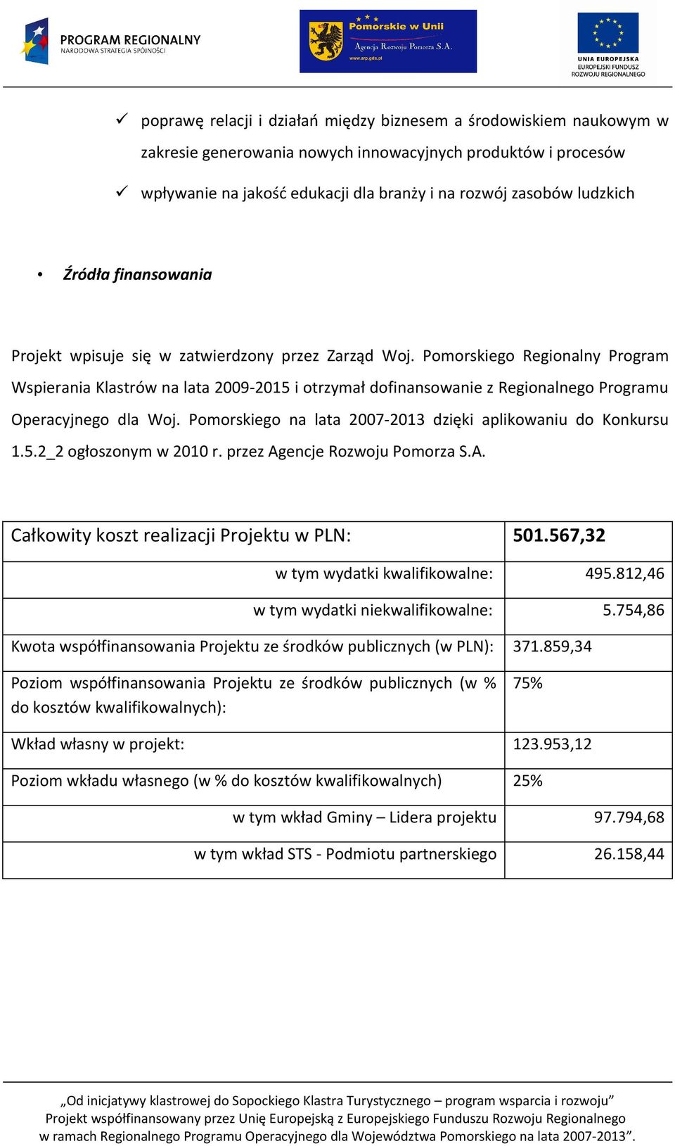 Pomorskiego Regionalny Program Wspierania Klastrów na lata 2009-2015 i otrzymał dofinansowanie z Regionalnego Programu Operacyjnego dla Woj.