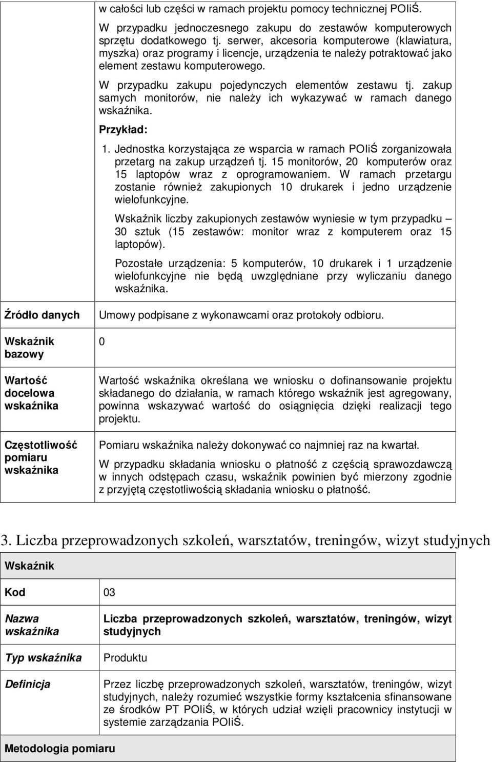 zakup samych monitorów, nie należy ich wykazywać w ramach danego. Przykład: 1. Jednostka korzystająca ze wsparcia w ramach POIiŚ zorganizowała przetarg na zakup urządzeń tj.