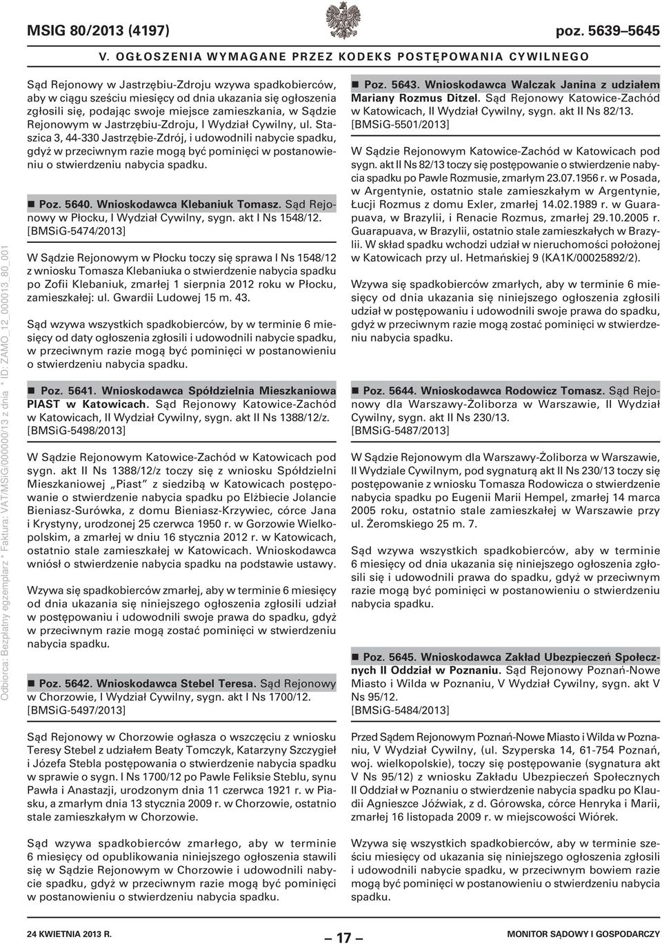 Poz. 5640. Wnioskodawca Klebaniuk Tomasz. Sąd Rejonowy w Płocku, I Wydział Cywilny, sygn. akt I Ns 1548/12.