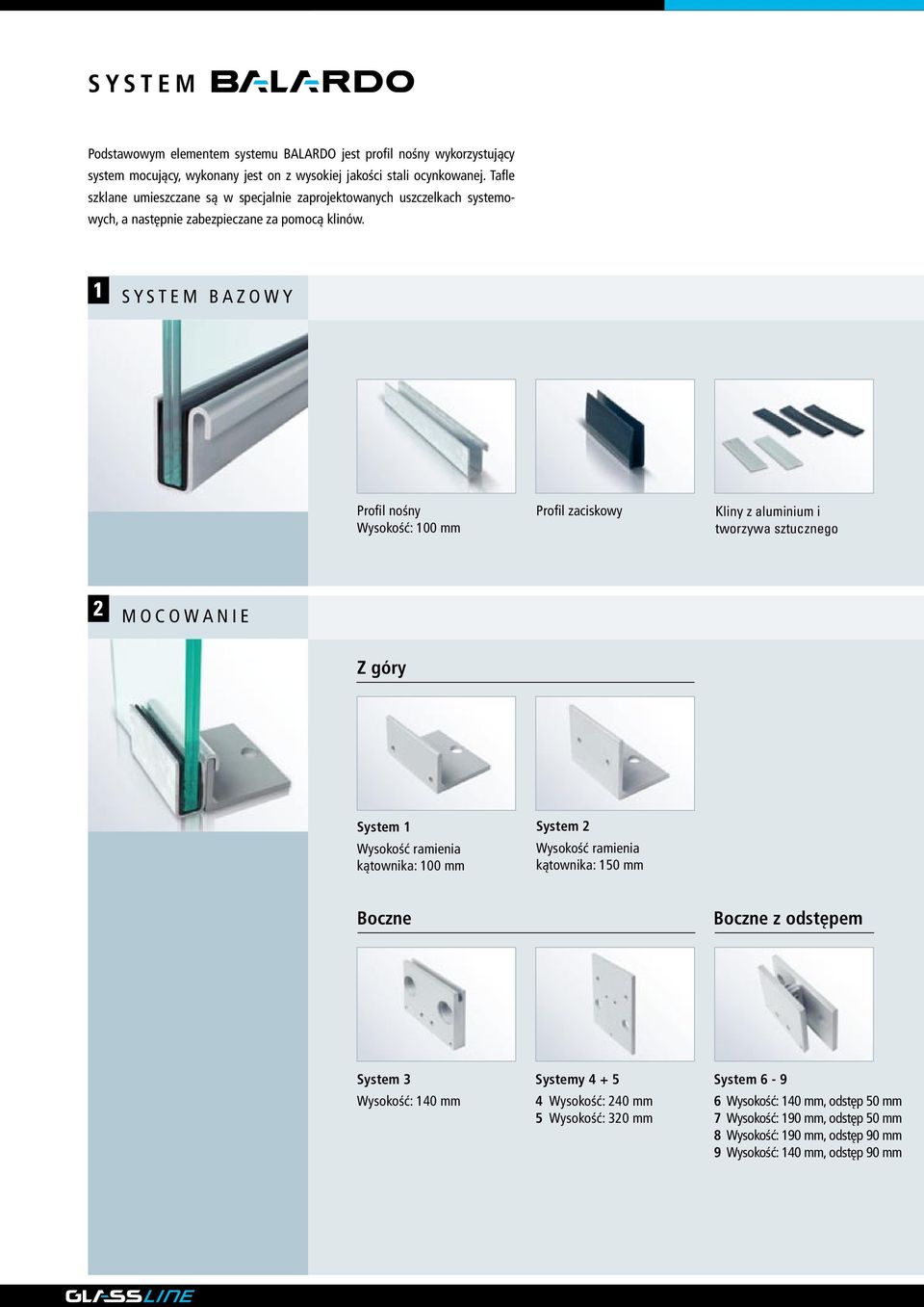 SYSTEM BAZOWY Profil nośny Wysokość: 100 mm Profil zaciskowy Kliny z aluminium i tworzywa sztucznego MOCOWANIE Z góry System 1 Wysokość ramienia kątownika: 100 mm System 2 Wysokość