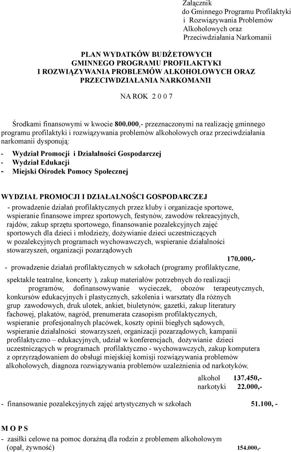 000,- przeznaczonymi na realizację gminnego programu profilaktyki i rozwiązywania problemów alkoholowych oraz przeciwdziałania narkomanii dysponują: - Wydział Promocji i Działalności Gospodarczej -