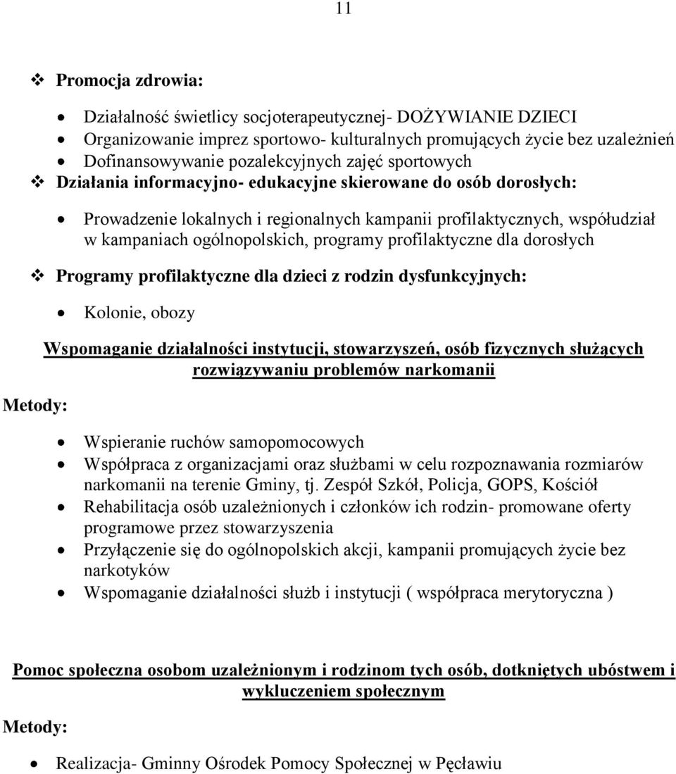 profilaktyczne dla dorosłych Programy profilaktyczne dla dzieci z rodzin dysfunkcyjnych: Kolonie, obozy Wspomaganie działalności instytucji, stowarzyszeń, osób fizycznych służących rozwiązywaniu