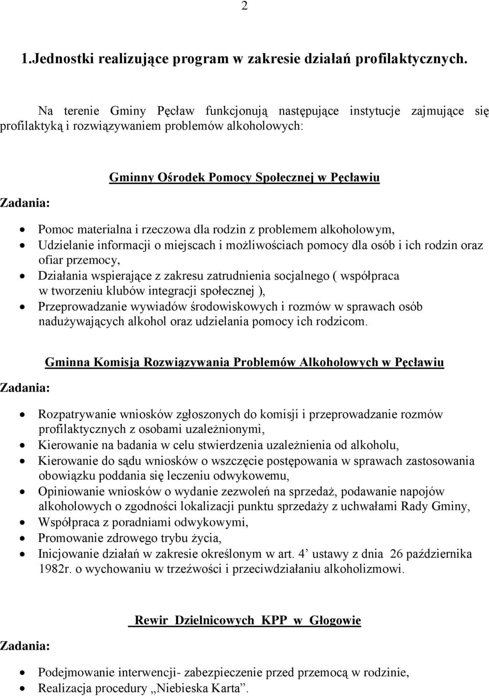 dla rodzin z problemem alkoholowym, Udzielanie informacji o miejscach i możliwościach pomocy dla osób i ich rodzin oraz ofiar przemocy, Działania wspierające z zakresu zatrudnienia socjalnego (