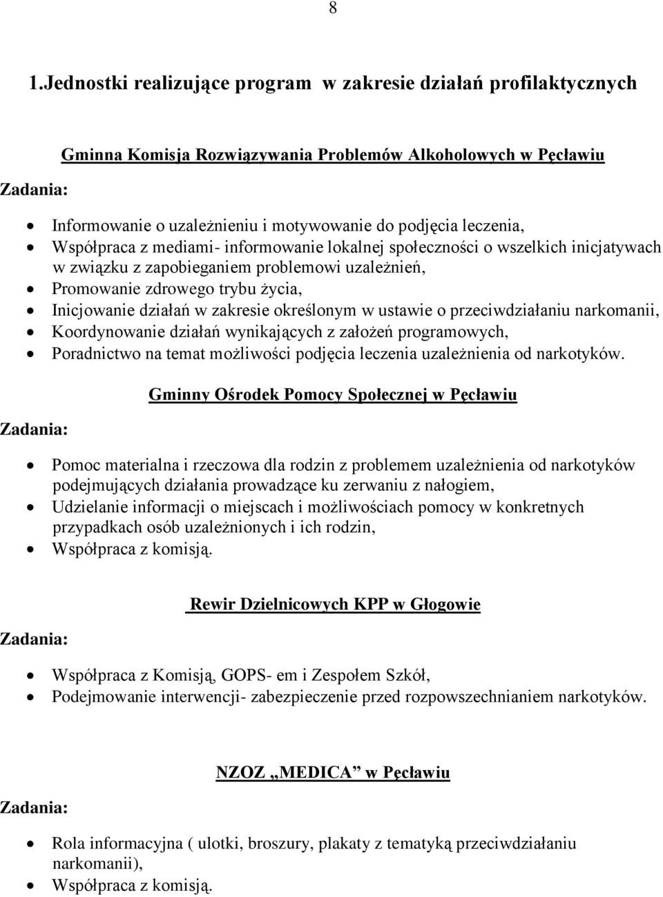 określonym w ustawie o przeciwdziałaniu narkomanii, Koordynowanie działań wynikających z założeń programowych, Poradnictwo na temat możliwości podjęcia leczenia uzależnienia od narkotyków.