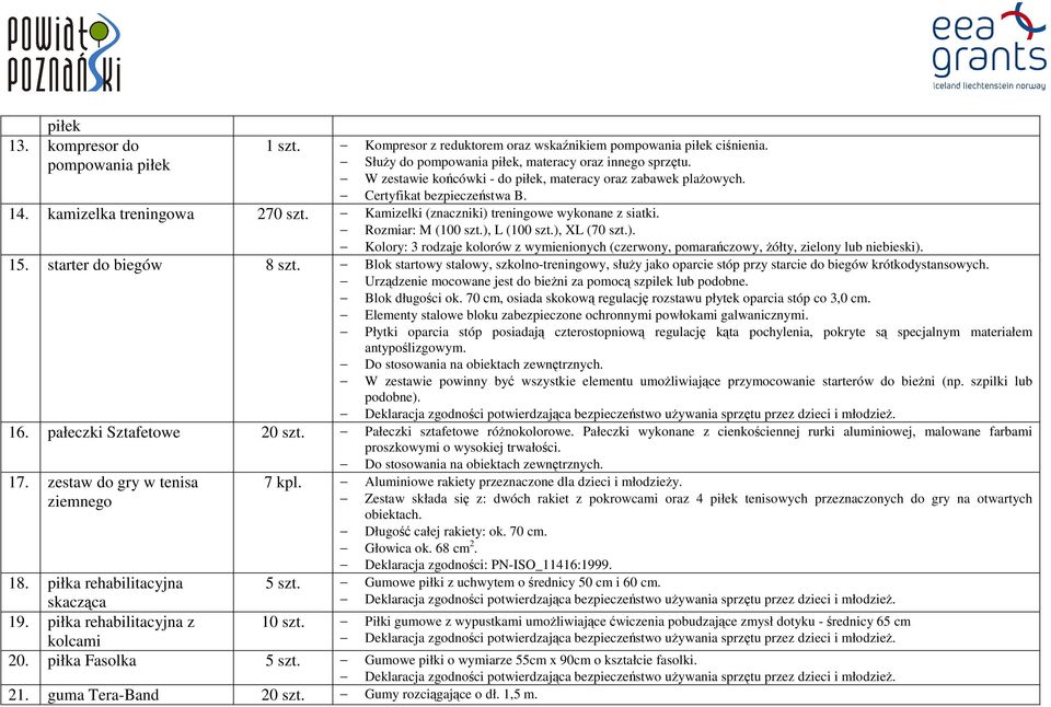 ), L (100 szt.), XL (70 szt.). Kolory: 3 rodzaje kolorów z wymienionych (czerwony, pomarańczowy, Ŝółty, zielony lub niebieski). 15. starter do biegów 8 szt.