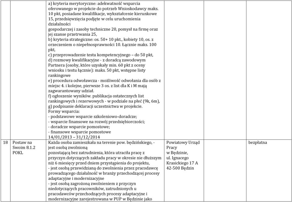 25, b) kryteria strategiczne: os. 50+ 10 pkt., kobiety 10, os. z orzeczeniem o niepełnosprawności 10. Łącznie maks.