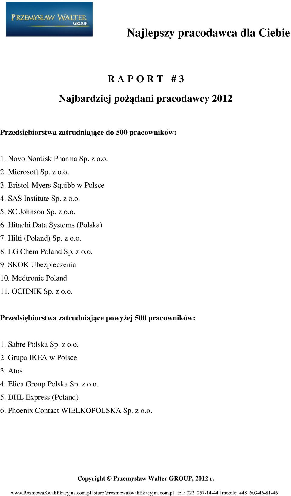 LG Chem Poland Sp. z o.o. 9. SKOK Ubezpieczenia 10. Medtronic Poland 11. OCHNIK Sp. z o.o. Przedsiębiorstwa zatrudniające powyżej 500 pracowników: 1.