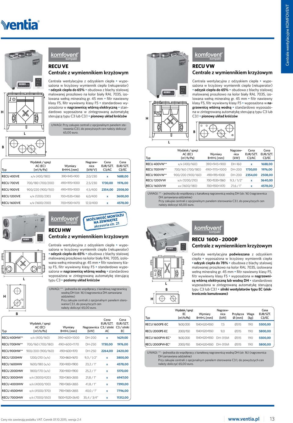 45 mm filtr nawiewny klasy F5, filtr wywiewny klasy F5 standardowo wyposażona w nagrzewnicę wtórną elektryczną standardowo wyposażona w zintegrowaną automatykę sterującą typu C3 lub C3.