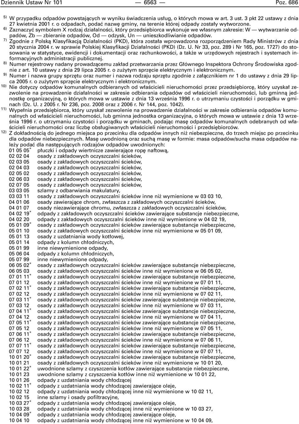 6) Zaznaczyç symbolem X rodzaj dzia alnoêci, który przedsi biorca wykonuje we w asnym zakresie: W wytwarzanie odpadów, Zb zbieranie odpadów, Od odzysk, Un unieszkodliwianie odpadów.